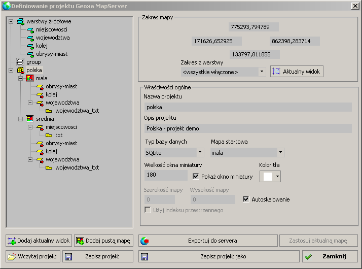 Ekran definiujący podstawowe parametry Geoxa MapServer