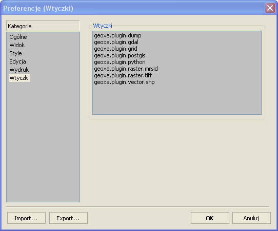 geoxa viewer beta okno ustawień programu (lista zainstalowanych wtyczek (plugins))